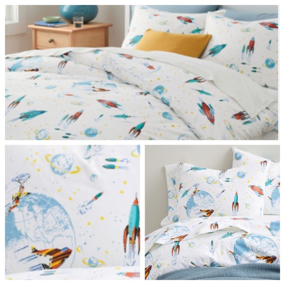 Garnet Hill Double Full Queen Duvet Cover + (2) Shams Cases Space Rocket Flannel - Picture 1 of 7